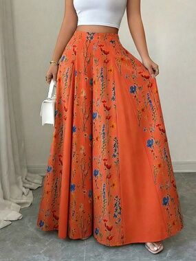 Boho Floral Print Stretchy Pants Wide Leg Flowy Pants